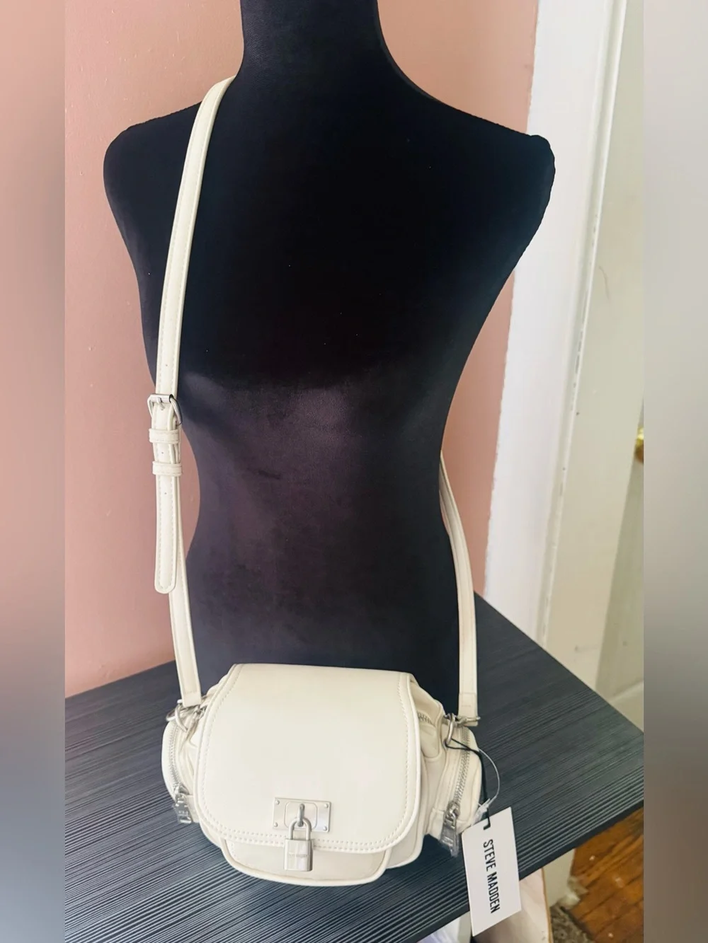 Steve Madden Cream Crossbody Saddle Bag with Front Lock